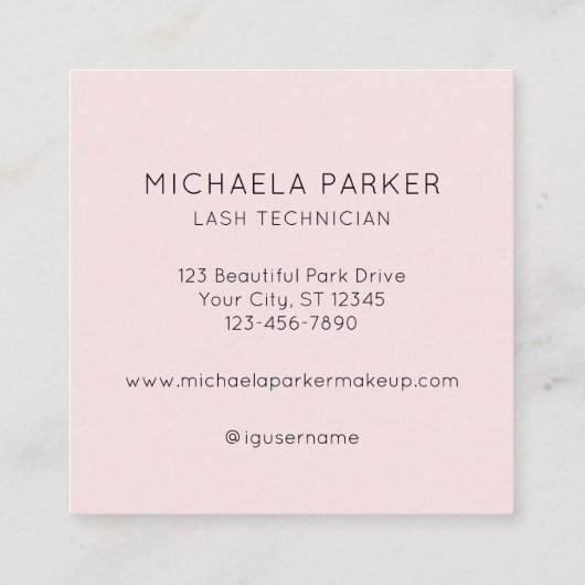 Elegant Blush Pink Black Script 3 Photo Lashes スクエア名刺 (裏面)