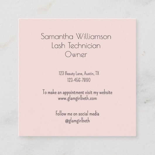 Elegant Blush Pink Black Script 3 Photo Lashes スクエア名刺 (裏面)