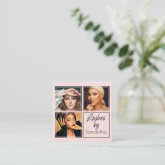 Elegant Blush Pink Black Script 3 Photo Lashes スクエア名刺 (スタンド正面)