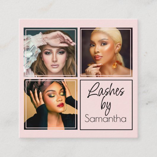Elegant Blush Pink Black Script 3 Photo Lashes スクエア名刺 (正面)
