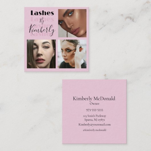 Elegant Blush Pink Black Script 3 Photo Lashes スクエア名刺 (正面/裏面)