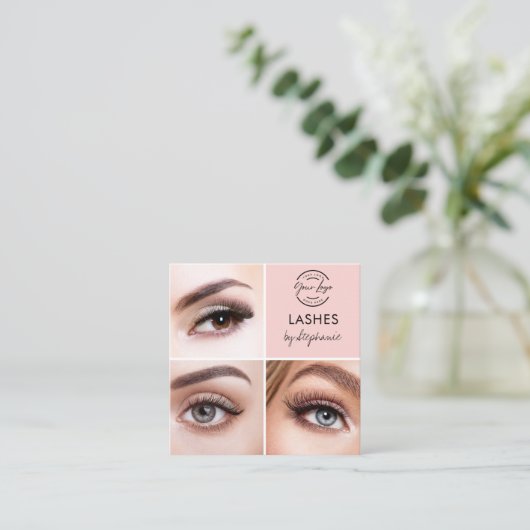 Elegant Blush Pink Black Script 3 Photo Lashes スクエア名刺 (スタンド正面)