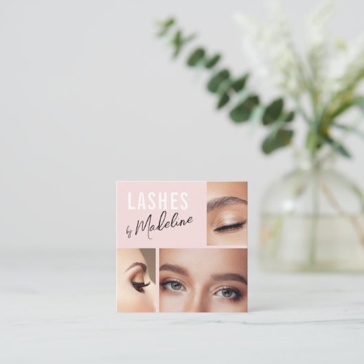 Elegant Blush Pink Black Script 3 Photo Lashes スクエア名刺 (スタンド正面)