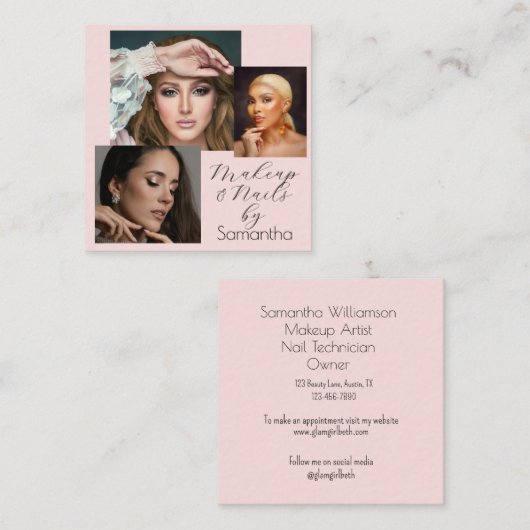Elegant Blush Pink Black Script 3 Photo Makeup  スクエア名刺 (正面/裏面)
