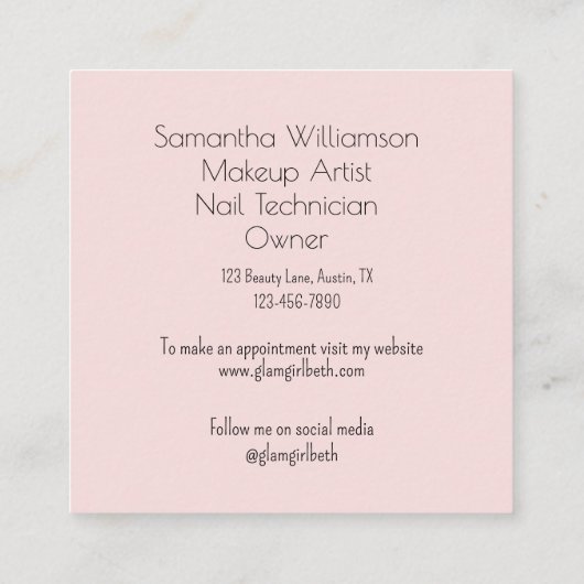 Elegant Blush Pink Black Script 3 Photo Makeup  スクエア名刺 (裏面)