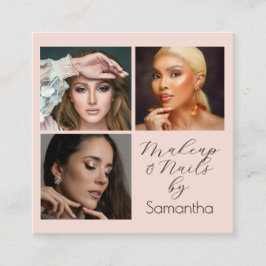 Elegant Blush Pink Black Script 3 Photo Makeup スクエア名刺