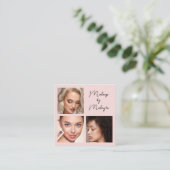 Elegant Blush Pink Black Script 3 Photo Makeup スクエア名刺 (スタンド正面)
