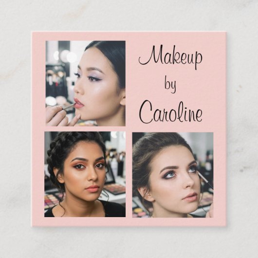 Elegant Blush Pink Black Script 3 Photo Makeup スクエア名刺 (正面)