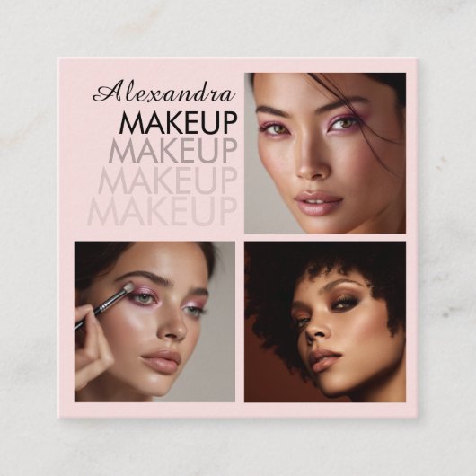 Elegant Blush Pink Black Script 3 Photo Makeup スクエア名刺 (正面)