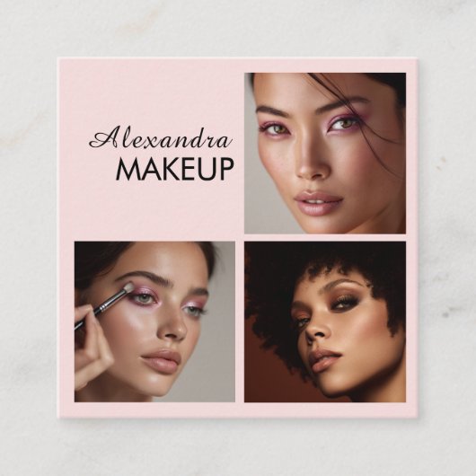 Elegant Blush Pink Black Script 3 Photo Makeup スクエア名刺 (正面)
