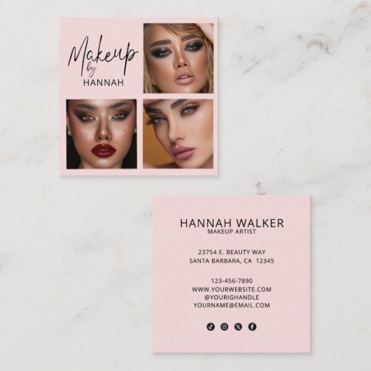 Elegant Blush Pink Black Script 3 Photo Makeup  スクエア名刺 (正面/裏面)