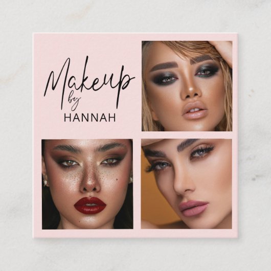 Elegant Blush Pink Black Script 3 Photo Makeup  スクエア名刺 (正面)