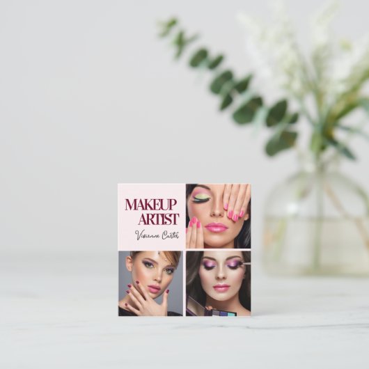 Elegant Blush Pink Black Script 3 Photo Makeup スクエア名刺 (スタンド正面)