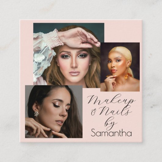 Elegant Blush Pink Black Script 3 Photo Makeup スクエア名刺 (正面)