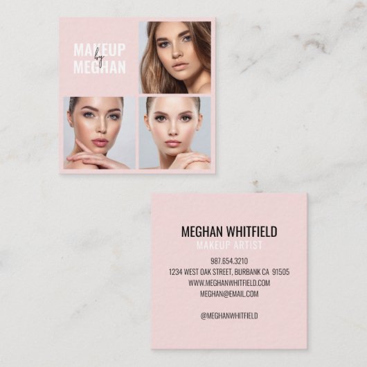 Elegant Blush Pink Black Script 3 Photo Makeup スクエア名刺 (正面/裏面)