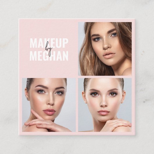 Elegant Blush Pink Black Script 3 Photo Makeup スクエア名刺 (正面)