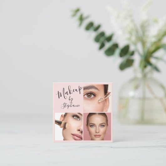 Elegant Blush Pink Black Script 3 Photo Makeup スクエア名刺 (スタンド正面)