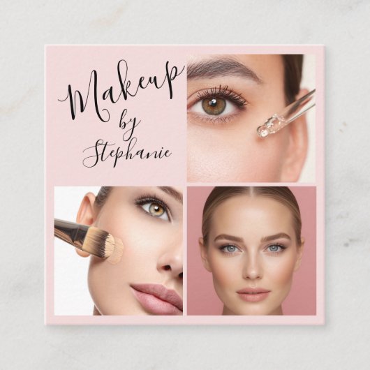 Elegant Blush Pink Black Script 3 Photo Makeup スクエア名刺 (正面)