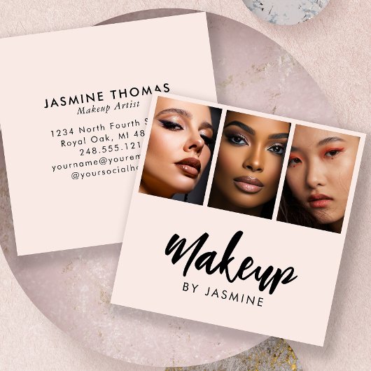 Elegant Blush Pink Black Script 3 Photo Makeup スクエア名刺