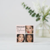 Elegant Blush Pink Black Script 3 Photo Makeup スクエア名刺 (スタンド正面)