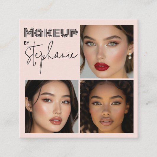 Elegant Blush Pink Black Script 3 Photo Makeup スクエア名刺 (正面)