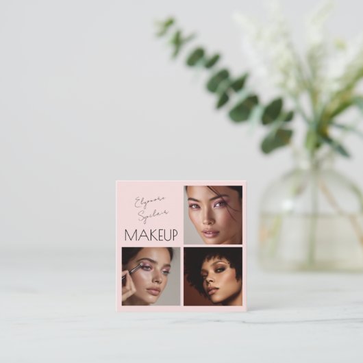 Elegant Blush Pink Black Script 3 Photo Makeup スクエア名刺 (スタンド正面)