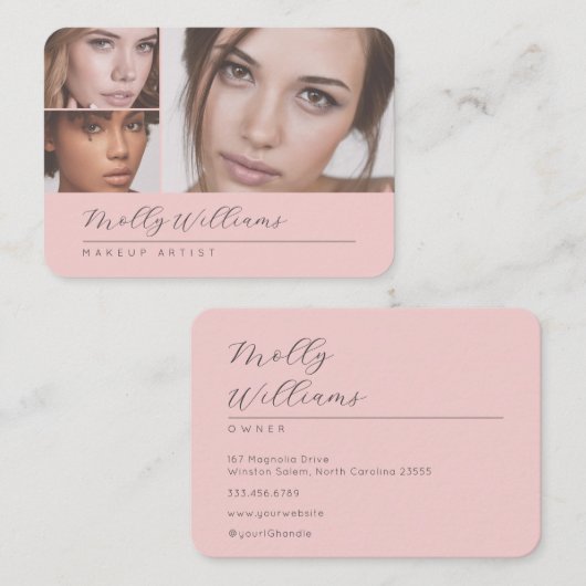 Elegant Blush Pink Black Script 3 Photo Makeup 名刺 (正面/裏面)