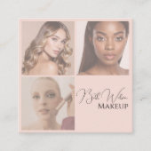 Elegant Blush Pink Black Script 3 Photo Makeup Squ スクエア名刺 (正面)
