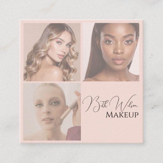 Elegant Blush Pink Black Script 3 Photo Makeup Squ スクエア名刺 (正面)