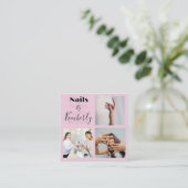 Elegant Blush Pink Black Script 3 Photo Nail Salon スクエア名刺 (スタンド正面)