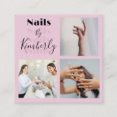 Elegant Blush Pink Black Script 3 Photo Nail Salon スクエア名刺 (正面)