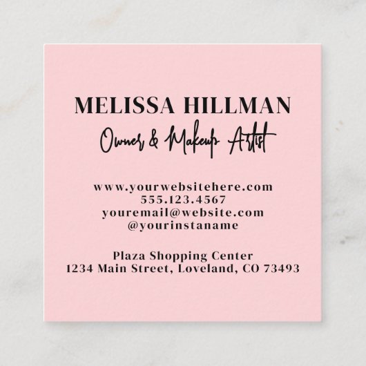 Elegant Blush Pink Black Script Photo Makeup スクエア名刺 (裏面)