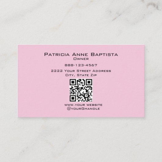 Elegant Blush Pink Black Script Photo QR Makeup 名刺 (裏面)