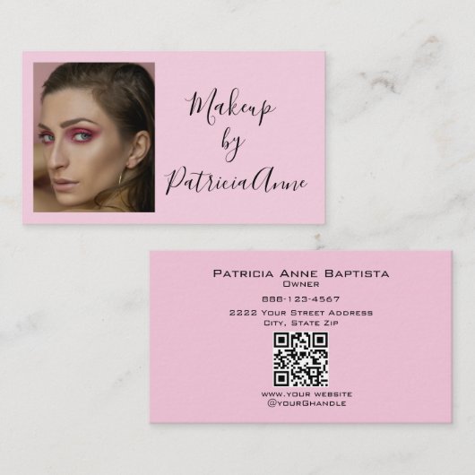 Elegant Blush Pink Black Script Photo QR Makeup 名刺 (正面/裏面)