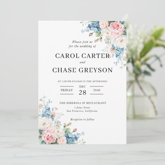 Elegant Blush Pink & Blue Floral Wedding 招待状 (スタンド正面)