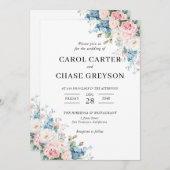 Elegant Blush Pink & Blue Floral Wedding 招待状 (正面/裏面)