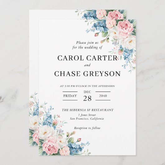 Elegant Blush Pink & Blue Floral Wedding 招待状 (正面/裏面)