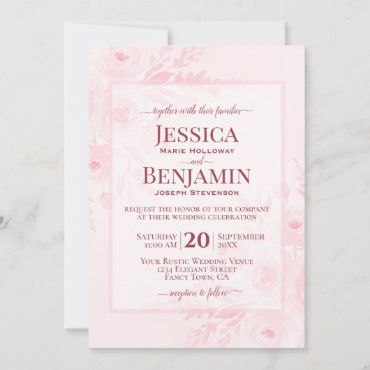 Elegant Blush Pink Boho Chic Floral Wedding 招待状 (正面)