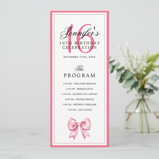 Elegant Blush Pink Bow 16th Birthday Program Menu  招待状 (スタンド正面)