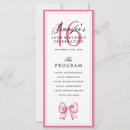 Elegant Blush Pink Bow 16th Birthday Program Menu 招待状 (正面)