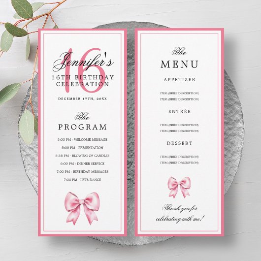 Elegant Blush Pink Bow 16th Birthday Program Menu 招待状