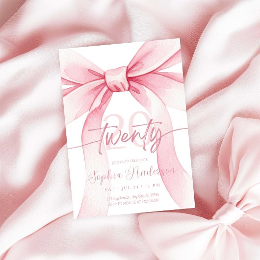 Elegant Blush Pink Bow 20th Birthday 招待状