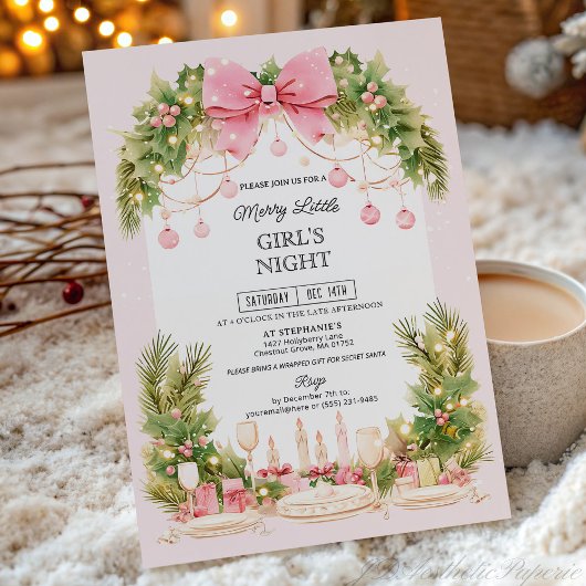 Elegant Blush Pink Bow Christmas Girls Night  招待状