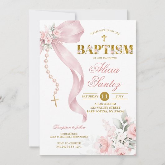 Elegant Blush Pink Bow Coquette Rosary Baptism Inv 招待状 (正面)