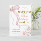 Elegant Blush Pink Bow Coquette Rosary Baptism Inv 招待状 (スタンド正面)