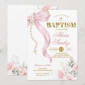 Elegant Blush Pink Bow Coquette Rosary Baptism Inv 招待状 (正面/裏面)