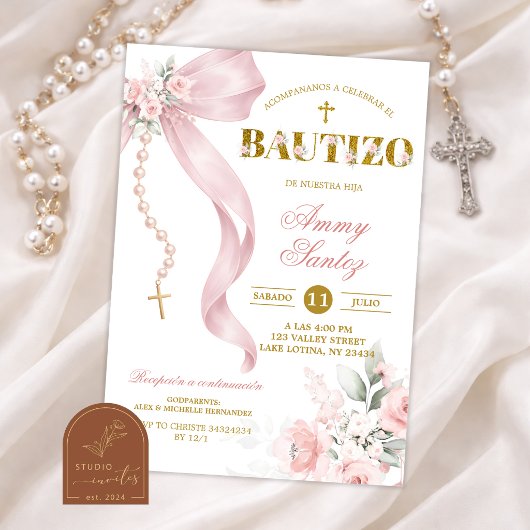 Elegant Blush Pink Bow Coquette Rosary Bautizo 招待状