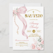 Elegant Blush Pink Bow Coquette Rosary Bautizo 招待状 (正面)