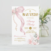 Elegant Blush Pink Bow Coquette Rosary Bautizo 招待状 (スタンド正面)