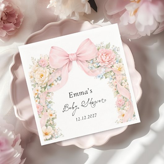 Elegant Blush Pink Bow Floral Baby Shower スタンダードカクテルナプキン